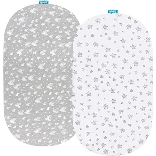 Biloban Bassinet Fitted Sheets Fit for Fisher-Price Soothing Motions Bassinet, (15"x31"), Jersey Knit Cotton, Breathable, 2 Pack, Grey Star