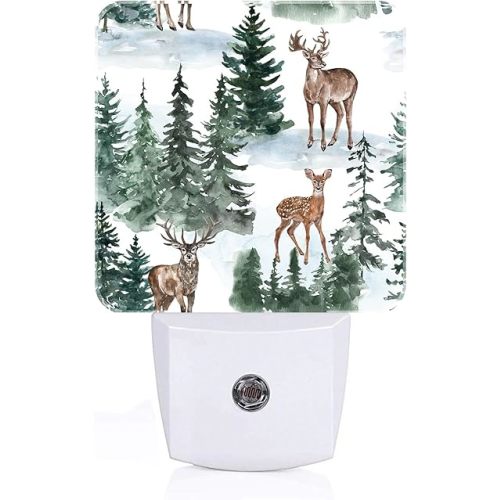 Watercolor Deer and Forest Night Light,Plug Into Wall for Boys Girls Bedroom Decorative Square Night Light Lamp 0.5w Sleep Friendly