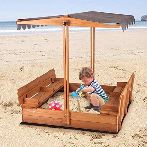 Aivituvin Kids Large Wooden Sandbox, Outdoor Sand Box Play w/ Canopy, 2 Foldable Bench Seats, Retractable Roof and Sand Protection - 47x47-Inch