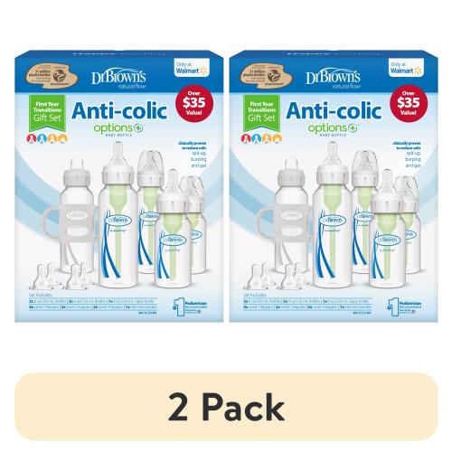 (2 pack) Dr. Brown's Natural Flow Anti-Colic Options+ First Year Baby Bottle Gift Set, Clear with Gray