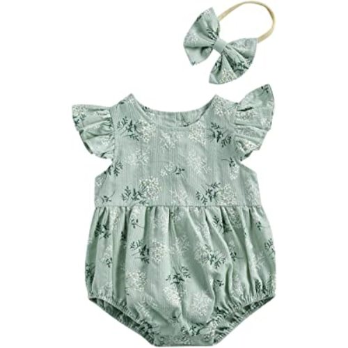 Newborn Baby Girl Romper Floral Ruffle Sleeveless Jumpsuit Cotton Bodysuit with Headband Summer Clothes Outfit