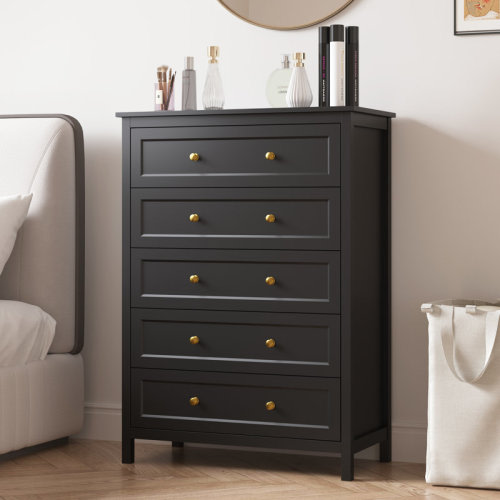 Winston Porter 5 Drawer Dresser For Bedroom, 42" Tall Chest Of Drawers With Golden Handles, Modern Wooden Bedroom Storage Cabinet For Living Room And Closet, Black & Reviews | Wayfair