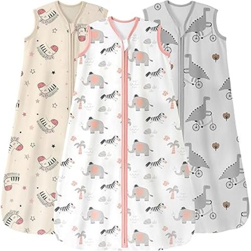 Unnivoll Baby Sleep Sack 6-12 Months 3 Pack 100% Cotton Lightweight 0.5 TOG Wearable Blanket Baby Sleep Bag with 2-Way Zipper for Newborn Infant Pink Apricot Gray Zebra