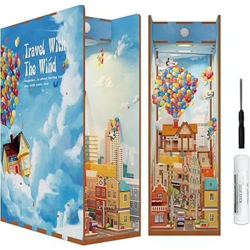 Tonecheer DIY Book Nook Kit for Adults,3D Wooden Puzzle Bookend Bookshelf Insert Library Decor, Booknook Miniature House Kit with Body Motion Sensor LED Light (Travel with The Wind)