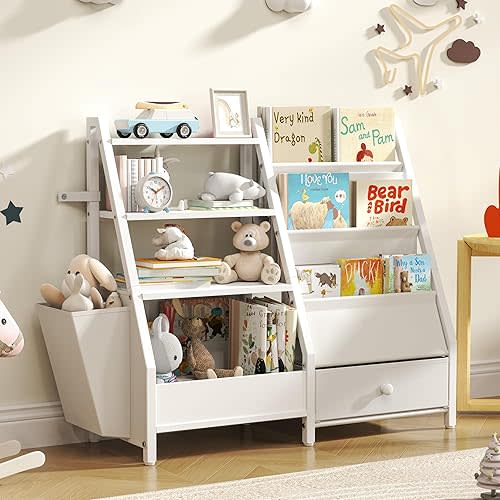 Ollieroo Kids Bookshelf and Toy Storage, Kids Bookcase Sling Shelf, Montessori Baby Toddler Bookshelf for Kids, Kids Bookcase, Toy Storage Organizer, for Playroom, Bedroom, Nursery,White