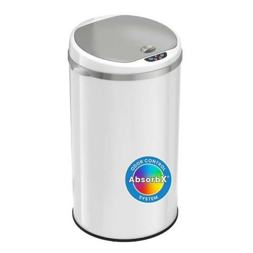 8 Gallon Touchless Sensor Trash Can with Odor Filter System, 30 Liter Round White Steel Garbage Bin, Perfect for Home, Kitchen, Office