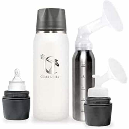 Breastmilk Chiller Reusable Storage Container by CERES CHILL | Cooler - Keeps Milk at Safe temperatures for 20+ Hours | Bottle Connects w/Major Pumps, 12 to 34oz (1 Chiller, Future’s So Bright White)