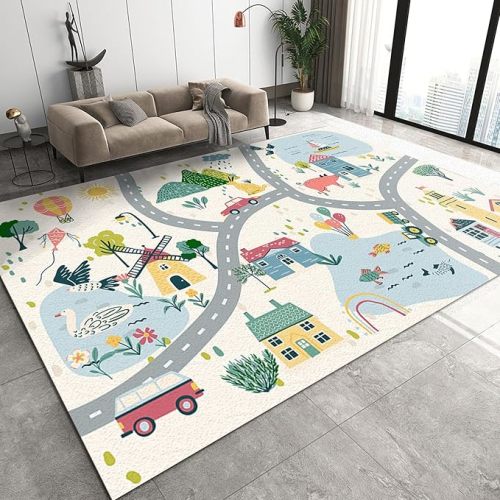 Cartoon Cute City Life Landscape Road Kids Carpets, Sun House Car Animal Fish Balloon Area Rugs, Non Slip Low Pile Playing Hardwearing Mat for Living Room Bedroom Entryway Hallway Nursery 5x7ft