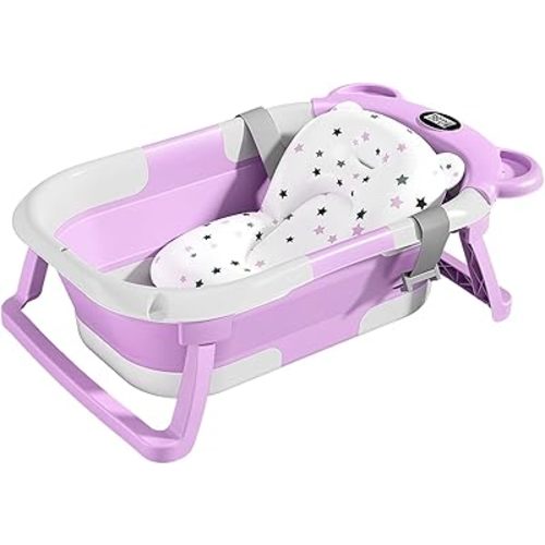 TPN Collapsible Baby Bathtub for Infants to Toddler with Real-time Temp Monitor+Floating Cushion,Foldable Baby Bath Tub Set Applicable 0-36 Month,Perfect Portable Travel Baby Tub for Newborns Boy