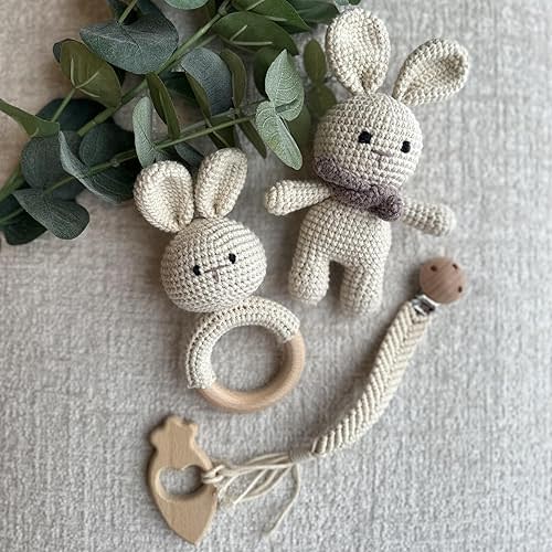 Organic Cotton Handmade Crotchet Bunny Rattle, Toy, teether and Pacifier Holder Baby Shower/Birthday Gift Set., beige