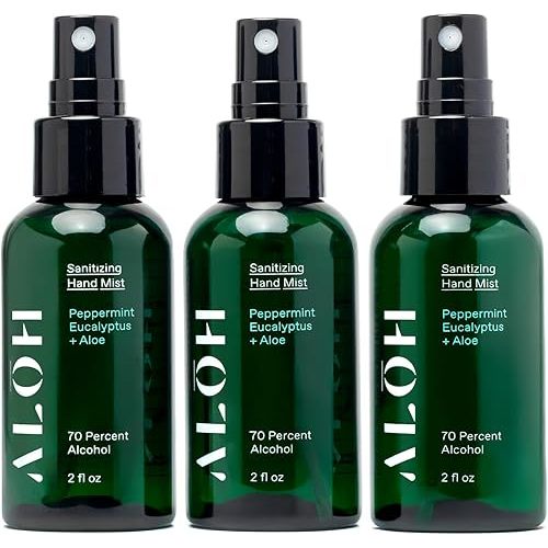 ALŌH Sanitizing Hand Mist 3-pack | Peppermint Eucalyptus + Aloe | 70% Alcohol Hydrating Hand Sanitizer Spray with Essential Oil, for Kids & Adults | 2oz Travel Size Bottle (Set of 3)