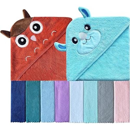 Sunny zzzZZ Baby Hooded Bath Towel and Washcloth Sets, Baby Essentials for Newborn Boy Girl, Baby Shower Towel Gifts for Infant and Toddler - 2 Towel and 8 Washcloths - Owl and Rhino