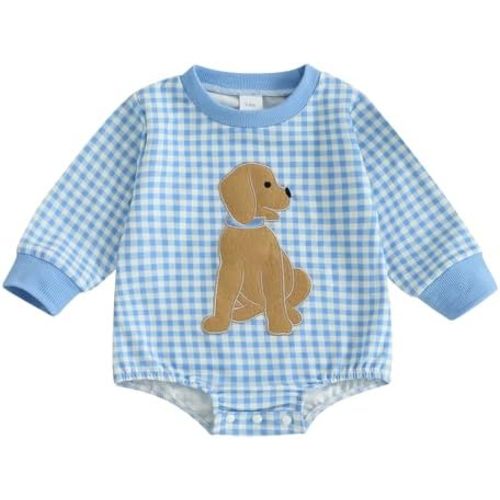 Newborn Baby Boy Clothes Gingham Dog Puppy Print Sweatshirt Romper Long Sleeve Bodysuit Fall Winter Outfits