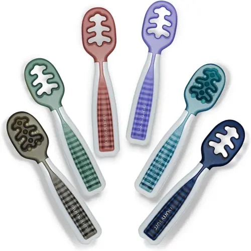 NumNum Baby Spoons Set, Pre-Spoon GOOtensils for Kids Aged 6+ Months - First Stage, Baby Led Weaning (BLW) Teething Spoon - Self Feeding, Silicone Toddler Food Utensils - 6 spoons, Beach Party