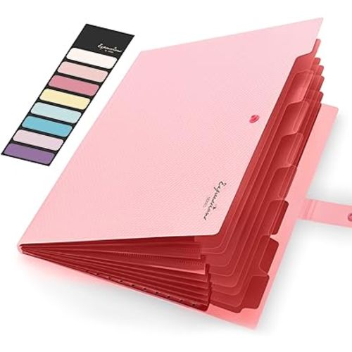 Sooez Accordion File Organizer, Letter Size Expanding File Folder with Labels, 8 Pocket Folders for Document, Portable Paper Bill Receipt Organizer for Home School Office Supplies, A4 Size, Pink