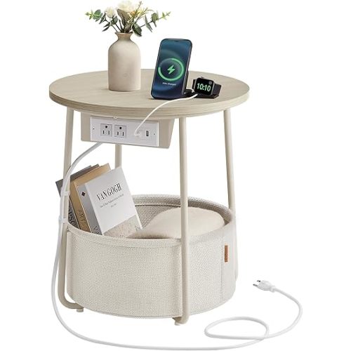 VASAGLE Side Table with Charging Station, Round End Table, Nightstand with Power Outlets, USB Ports, Fabric Basket, Living Room, Bedroom, Modern, Cream White ULET228N01