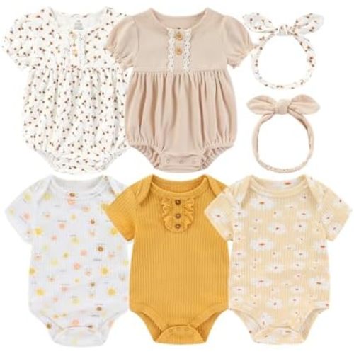 Baby Girls Boys Short Sleeve Outfit With Headband Set Clothes New Born Infant Cotton Bodysuits 7-Pack 0-12M