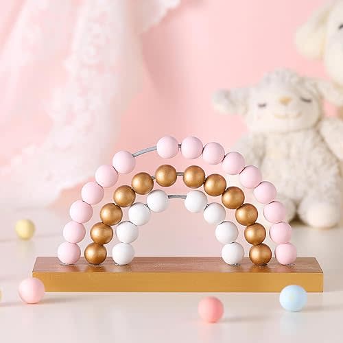 Cute Pink Rainbow Girls Room Decoration 8.66 x 5 Inch Boho Standability Pastel Kids Nursery Playroom Kids Bedroom Decor Bookshelf Wooden Rainbow Decor (Gold)