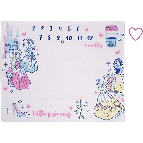 Disney Princess Pink, Aqua, Yellow & White Super Soft Milestone Baby Blanket, Pink, Aqua, Yellow, White