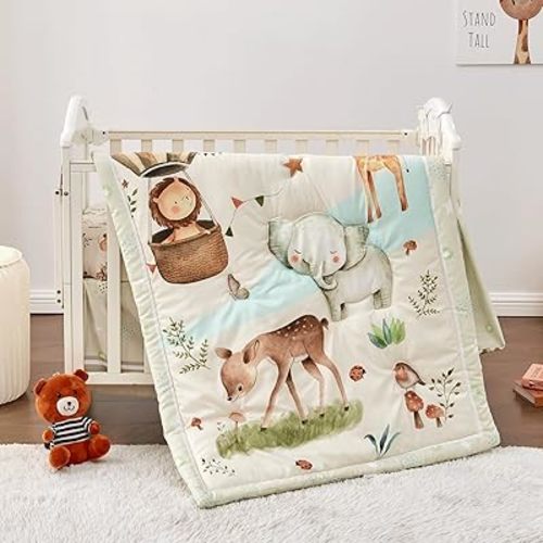 beeweed 4-Piece Crib Bedding Set, Baby Bedding Set Including Blanket, Crib Skirt, Crib Sheet & Diaper Stacker