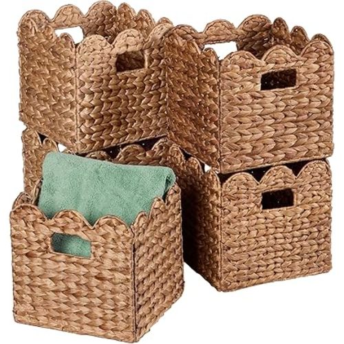 Best Choice Products 12 x 12in Scalloped Hyacinth Baskets, Rustic Set Of 5 Multipurpose Collapsible Storage Organizer, Handwoven Laundry Totes for Bedroom, Living Room, Shelves – Chestnut