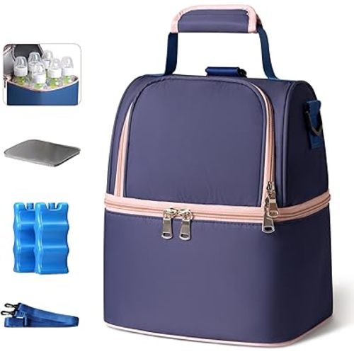NCVI Breastmilk Cooler Bag with 2 Ice Pack, Breast Pump Bag with Cooler Fits 6 Bottles, Double Layer Breast Milk Baby Bottle Cooler Bag, for Travel, Nursing Mom Daycare, Work, Picnic (Purple)