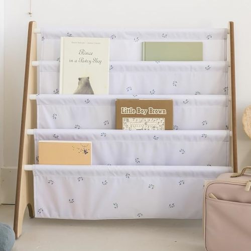 3 Sprouts Recycled Fabric Kids Bookshelf – 4-Tier Sling Book Rack Organizer - Nursery Room Playroom Classroom Wooden Book Shelves - Kid Bookcase Wood Storage Shelf for Toddler Age 3+ - Blueberry Mist