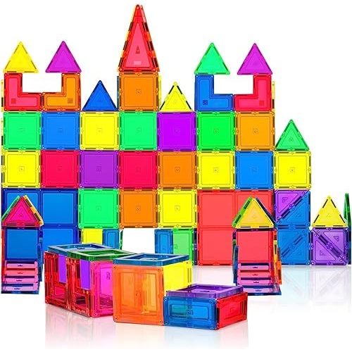 PLAYVIBE Magnetic Tiles 60 Pcs - 3D Magnet Toys for Kids 3+, Building Blocks for STEM Learning, Kids Games, Magnetic Blocks Tile Toy - Learning Toddler Toys, Home & Classroom Must Haves, Boy and Girl
