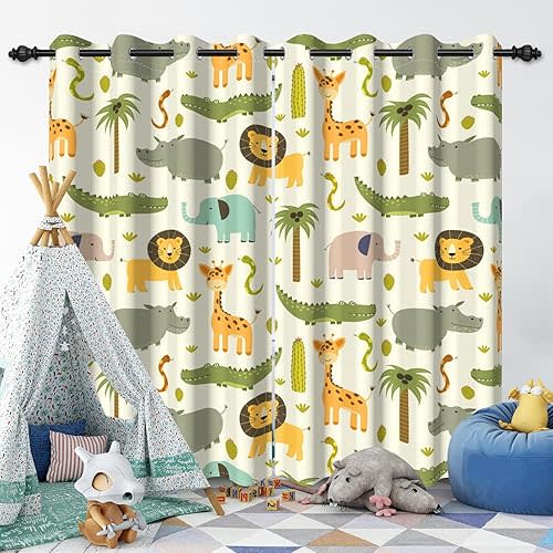 Blackout Curtain for Kids Bedroom, Cartoon Animals Window Curtains for Living Room Cute Lions Giraffe Window Treatment Room Darkening Drapes with Grommets for Boys Bedroom, 42x63 Inch, 2 Panels