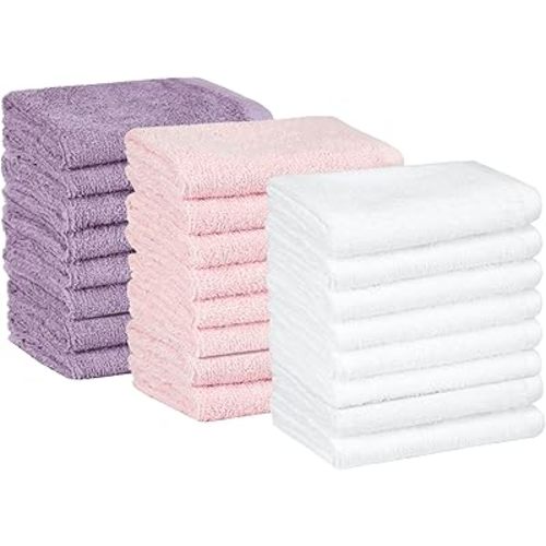 Amazon Basics washcloth for bathroom, 100% Cotton Extra Absorbent , Fast Drying - salon towels - 24-Pack, Petal Pink, Lavender, White, 12 x 12 in