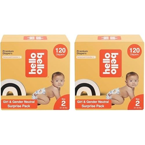 Hello Bello Diapers, Size 2 (10-16 lbs) Surprise Pack for Girls - 120 Count of Premium Disposable Baby Diapers, Hypoallergenic with Soft, Cloth-Like Feel - Assorted Girl & Gender Neutral Patterns