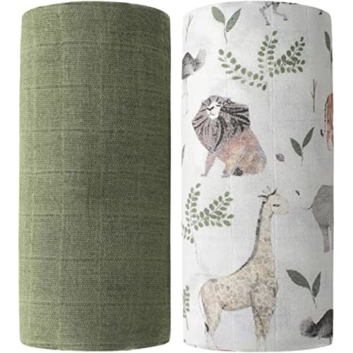 Little Jump Breathable Muslin Swaddle Blankets - 2 Pack Jungle & Green - Softest Baby Receiving Blankets for Boys and Girls (Jungle & Green)