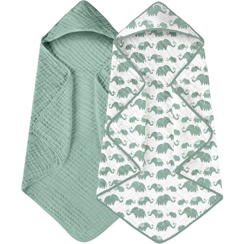 Yoofoss Hooded Baby Towels for Newborn 2 Pack 100% Muslin Organic Cotton Baby Bath Towel with Hood for Babies, Infant, Toddler and Kids, 32x32Inch, Soft and Absorbent Newborn Essential, Green Elephant