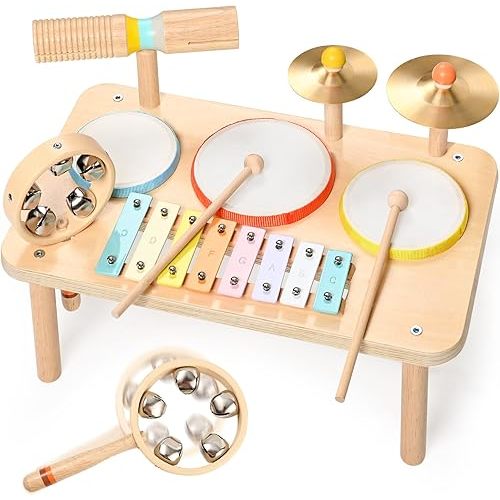 WINGYZ Kids Drum Set – 9-in-1 Montessori Toys for 1-3 Year Old & Wooden Musical Instruments for Toddlers, Baby Musical Toys with Drums, Xylophone, Helps Hand-Eye Coordination, Gift for 1-3 Boys Girls