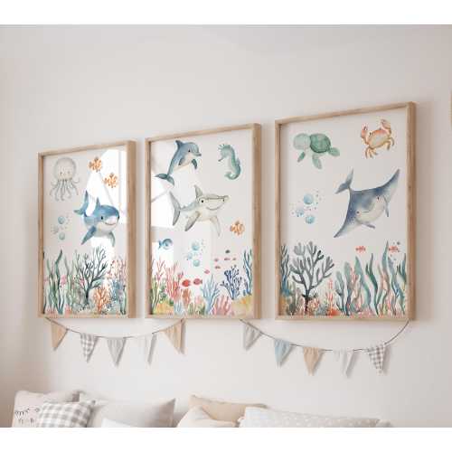 Set of 3 Shark Prints, Turtle Wall Art Set, Seahorse Posters, Modern Art, Underwater Kids Bedroom Decor, Boy Nursery Decor, Playroom Prints