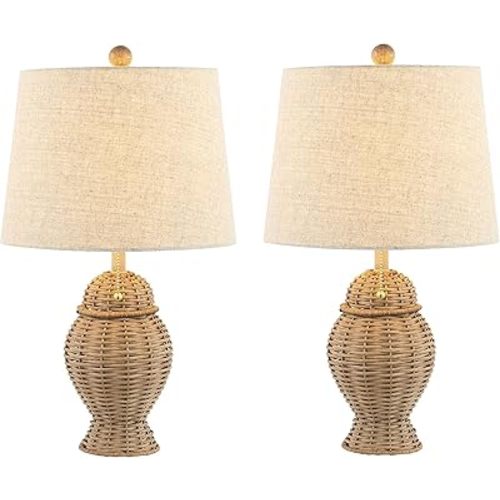JONATHAN Y JYL4041A-SET2 Set of 2 Table Lamps Margie Wicker 20.5" Bohemian Rustic Iron LED Table Lamp Farmhouse Bedside Desk NightStand Lamp, LED Bulbs Included, Natural/Beige