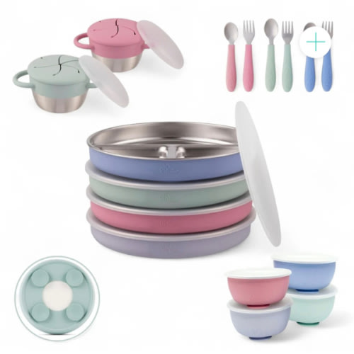 Stainless Steel Mealtime Bundle | Sucton Sleeves | Plates, Bowls, Snack Cups + Toddler Utensils | 16 Pcs | Blush/Lilac/Sage/MistyBlue