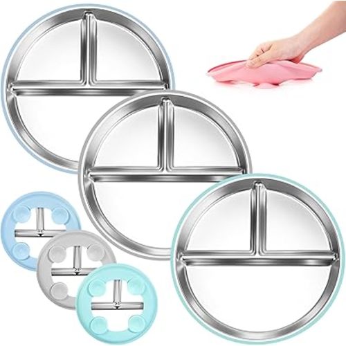 Bella's Friends Stainless Steel Toddler Plates Silicone Suction,3 Packs Non-Slip Kids Plates,Divided Portion,Food-Grade Silicone Plate for Baby,LEAD-FREE Dishwasher Safe,Blue Mint Green Grey