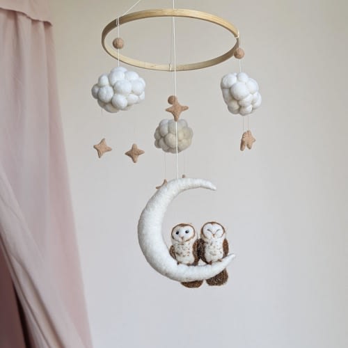 Owls baby mobile, Moon clouds mobile, Neutral baby mobile, Birds crib mobile, Barn owls mobile, Newborn gift, Woodland baby mobile