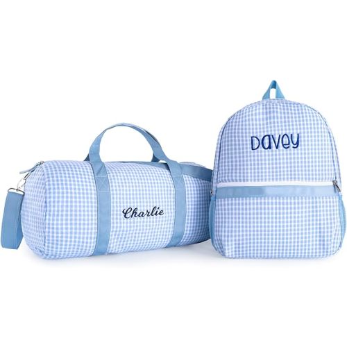 MT WORLD Daycare Backpacks and Travel Duffel Bags Set,Personalized Overnight Bags Set,Blue Checkered Backpacks with Weekender Bag,Travel Daypacks Duffle Bags