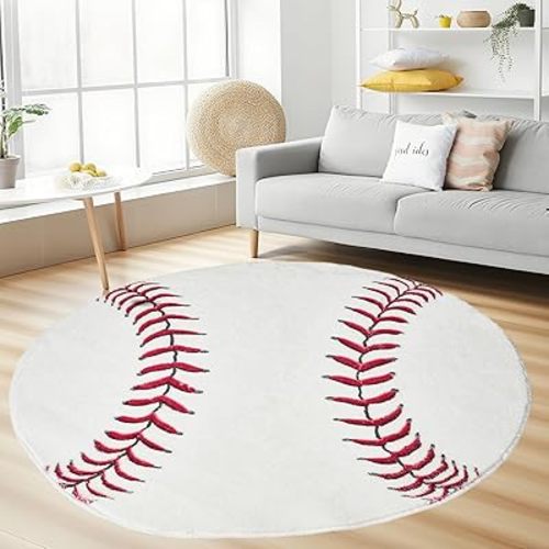 Vesocro Round Baseball Rug–4ft Soft Washable Sport Area Rugs with Non Slip Backing,Carpet for Bedroom,Living Room and Soccer Room Decor