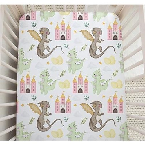 Baby Crib Sheets for Boys Girls Cute Dragon Fairytale Castle Fitted Crib Sheet for Standard Crib Mattress Cloud Moon Star Dragons Crib Mattress Cover Super Soft Nursery Bed Sheets Decor 28''×52''