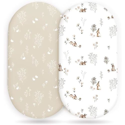 GRSSDER Stretch Ultra Soft Fitted Bassinet Sheet Set 2 Pack, Universal Fit for Bassinets Baby Cradle Moses Basket Oval Rectangle Mattress Safe and Snug, Stylish Watercolor Rabbit Pattern