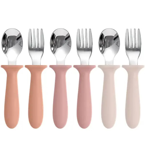 Toddler Spoons and Forks Set, 6 Pack Kids Silverware with Silicone Handle, BPA Free, 18/8 Stainless Steel Children Safe Toddler Utensils, Dishwasher Safe