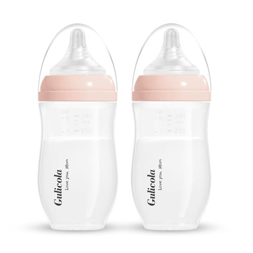 Natural PP Baby Breastfeeding Bottles, Medium Flow Nipples (M), 3 Months +, Pink, 8 oz - 2pks