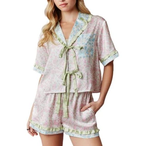Womens Cute Bow Tie Front Pajamas Summer Y2k Floral Pjs 2 Piece Outfits Puff Sleeve Shirt Ruffle Lounge Shorts Sets