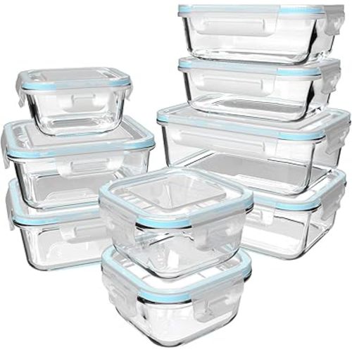 18 Piece Glass Food Storage Containers with Lids, Glass Meal Prep Containers, food storage Containers for Food Storage with Lids, BPA Free & Leak Proof (9 lids & 9 Containers)
