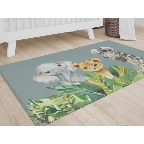 Jungle Nursery Rug, Baby Boy Nursery Decor, Safari Boy Nursery, Baby Room Rug, Green, Elephant, Zebra, Lion, Toddler Room, Boys Room