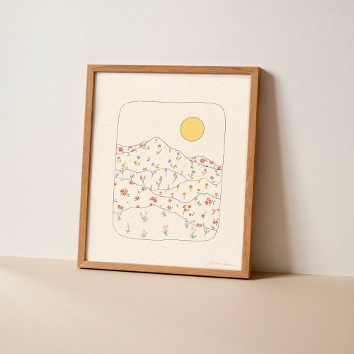 Floral Mountain Art Print - mountain flower drawing, minimal mountain artwork, vintage mountain art, boho gallery wall art, floral field art