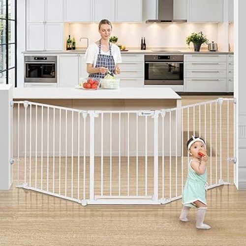 COMOMY 80" Extra Wide Baby Gate, Dog Gate for House Stairs Doorways Fireplace, Auto Close Pet Gate with Door Walk Through, 3 Metal Panels, Hardware Mounted Baby Fence Indoor Outdoor(30" Tall, White)